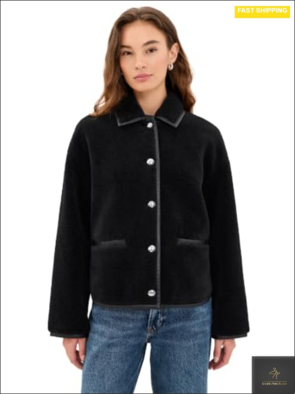ANINE BING Camden Jacket Women's Faux Leather Trim Sherpa Casual
